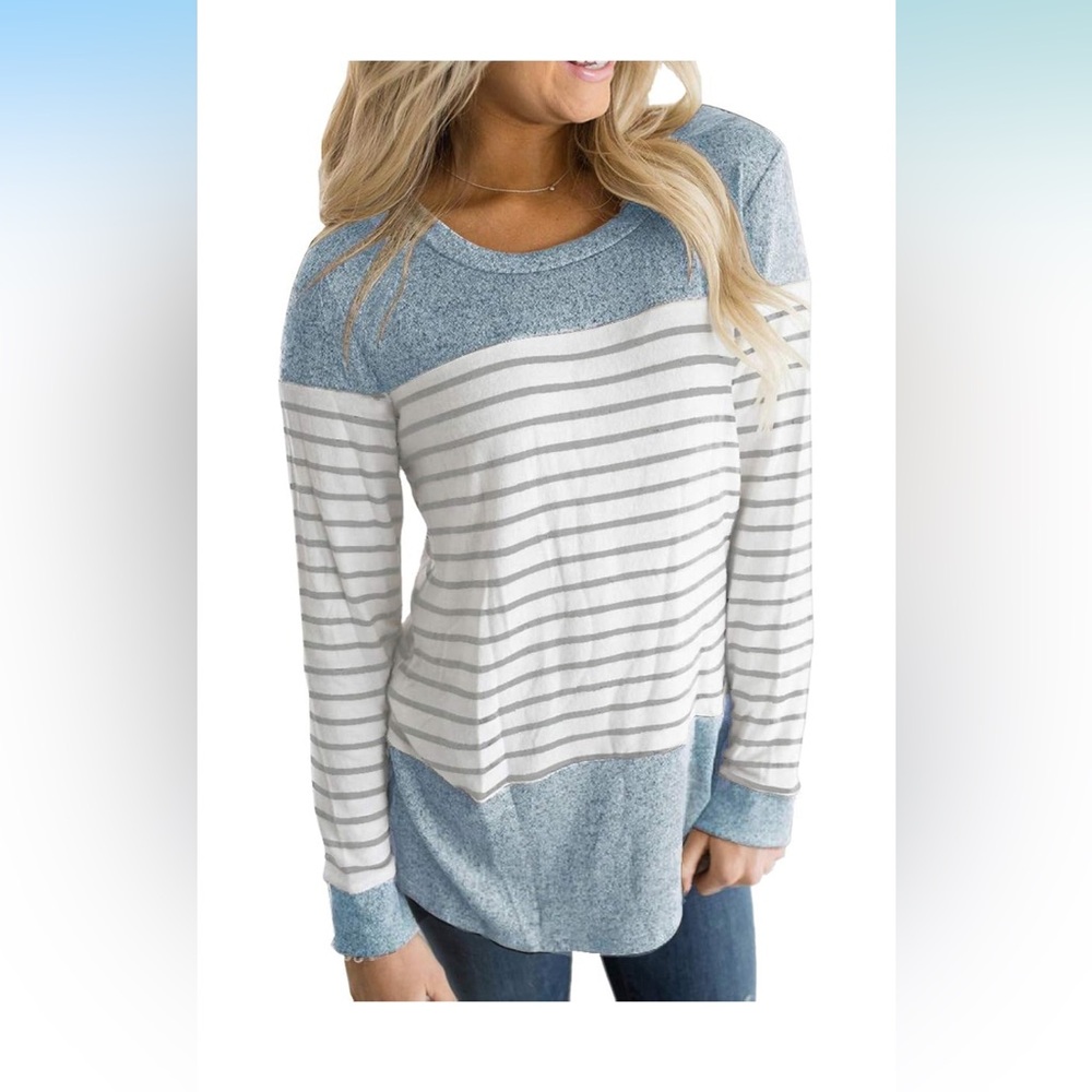 Womens Long Sleeve Round Neck Block Striped Causal Blouse -Medium- Blue/Gray/W‎